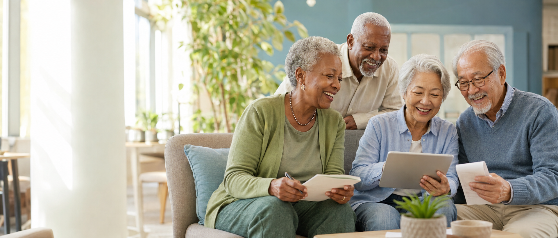 Four happy seniors using a tablet and reviewing a shopping list together